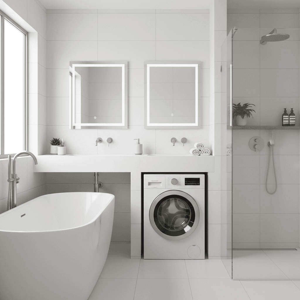 Modern bathroom with washing machine at GaLaZiO apartment