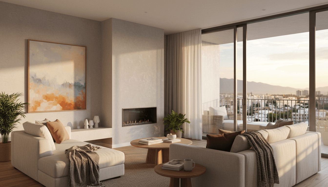 Bright and inviting living area with balcony doors open to the city