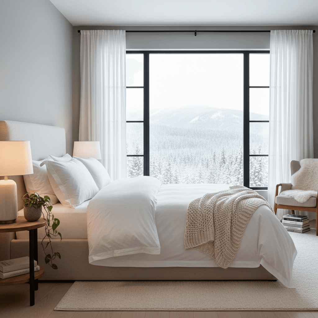 Cozy bedroom with comfortable double bed and large window in GaLaZiO apartment