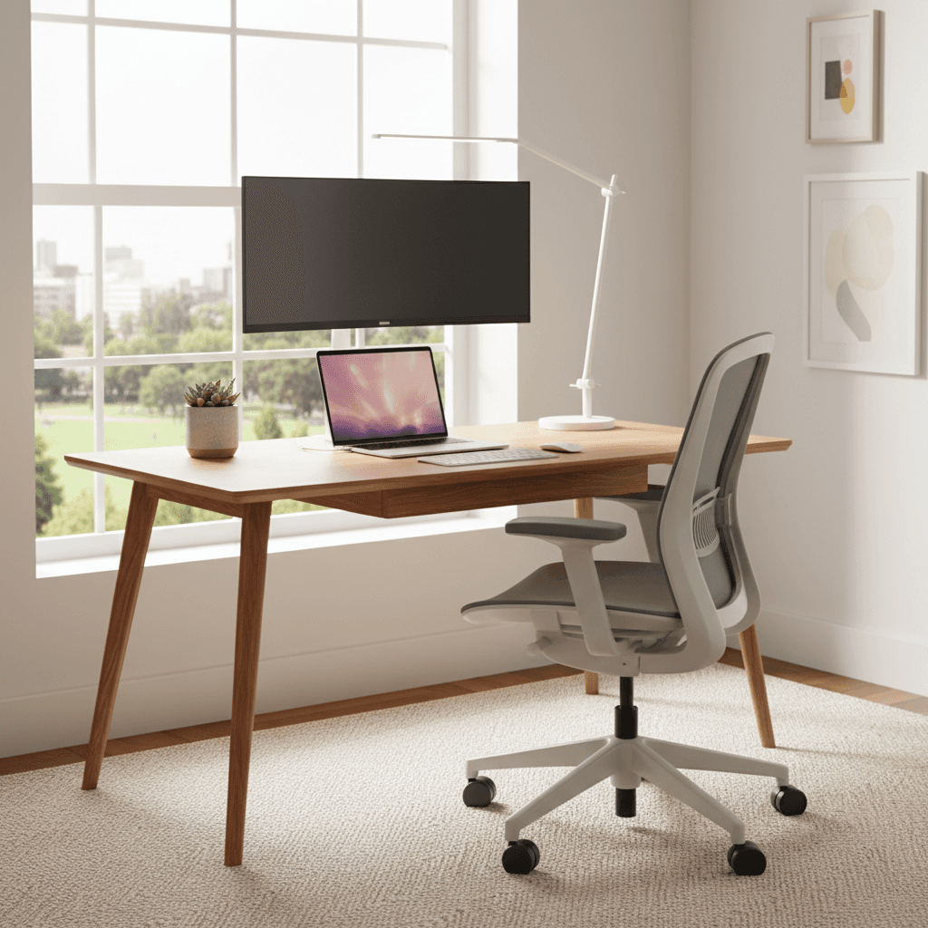 Work desk area with lamp and chair for business trips at GaLaZiO apartment