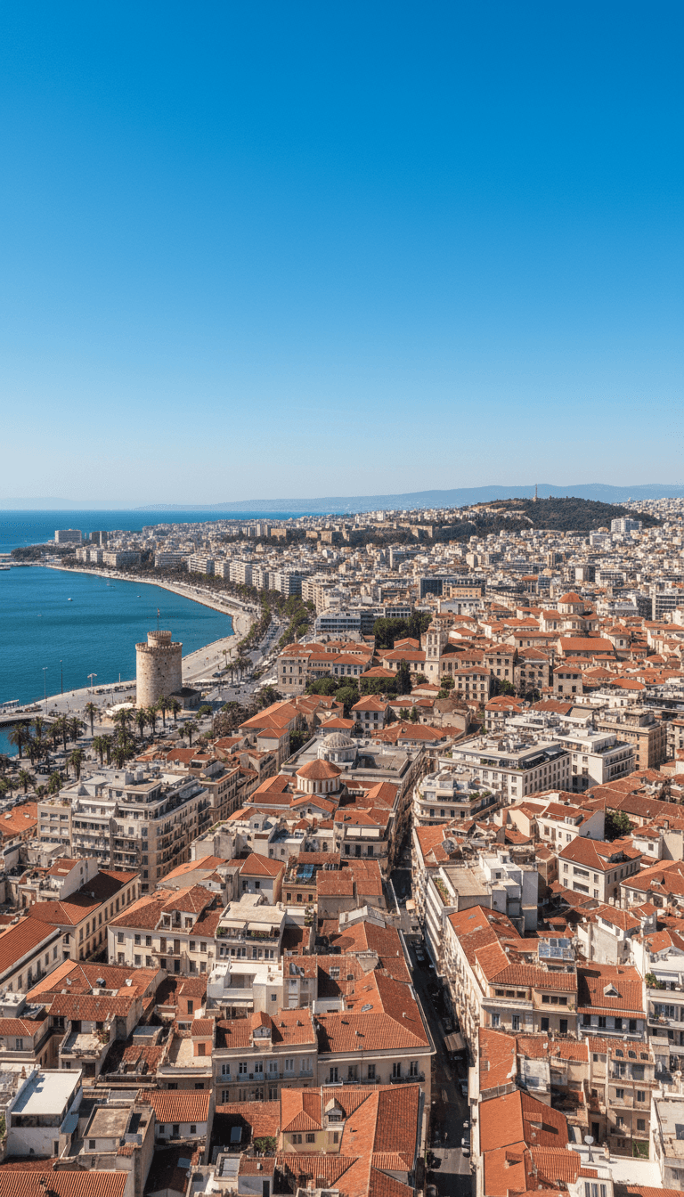 Panoramic view of a coastal city with red-tiled roofs under a clear blue sky.