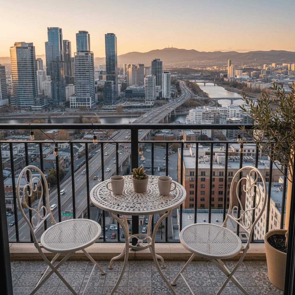 Private balcony with seating area and city view at GaLaZiO apartment