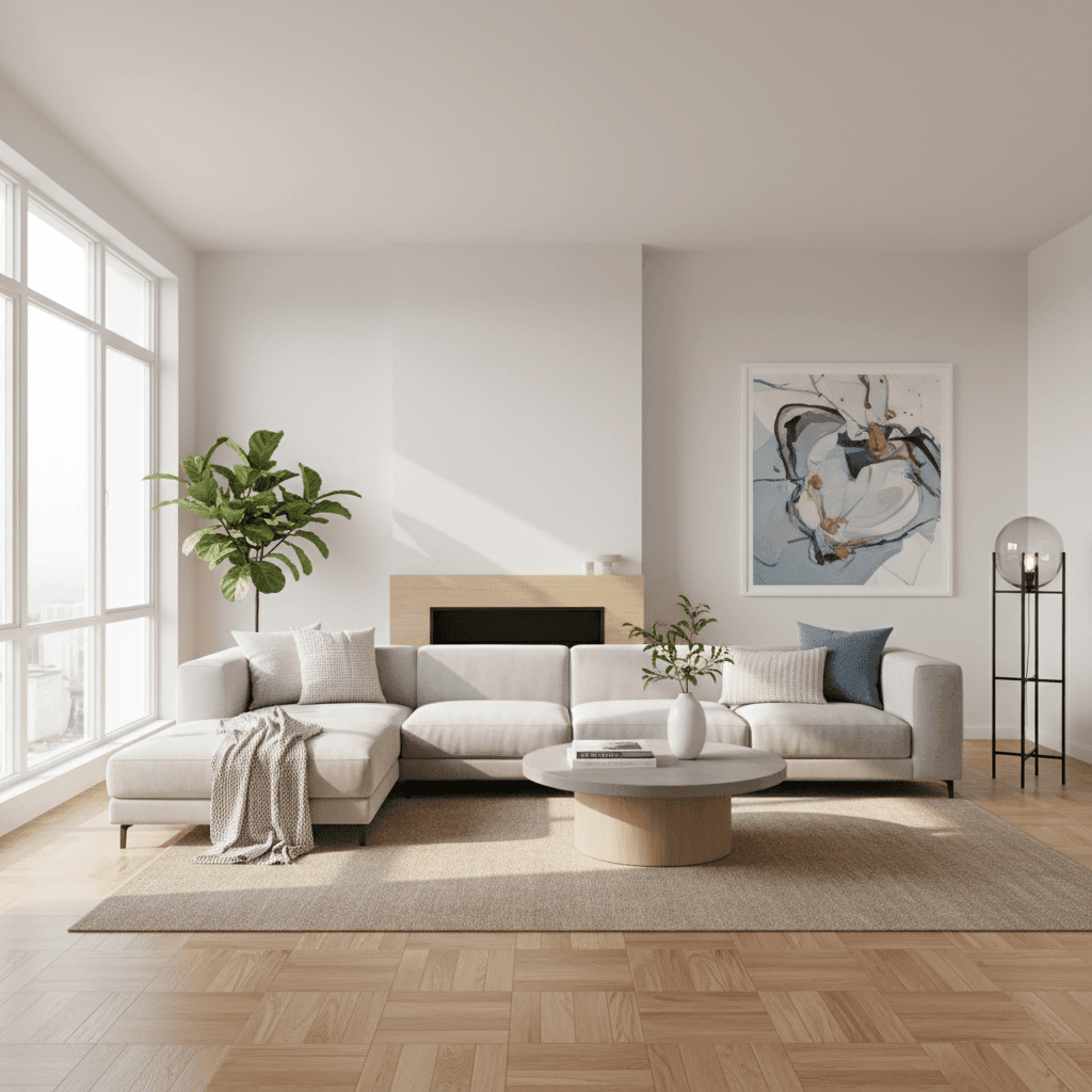 Spacious living room with parquet floors and modern decor at GaLaZiO apartment