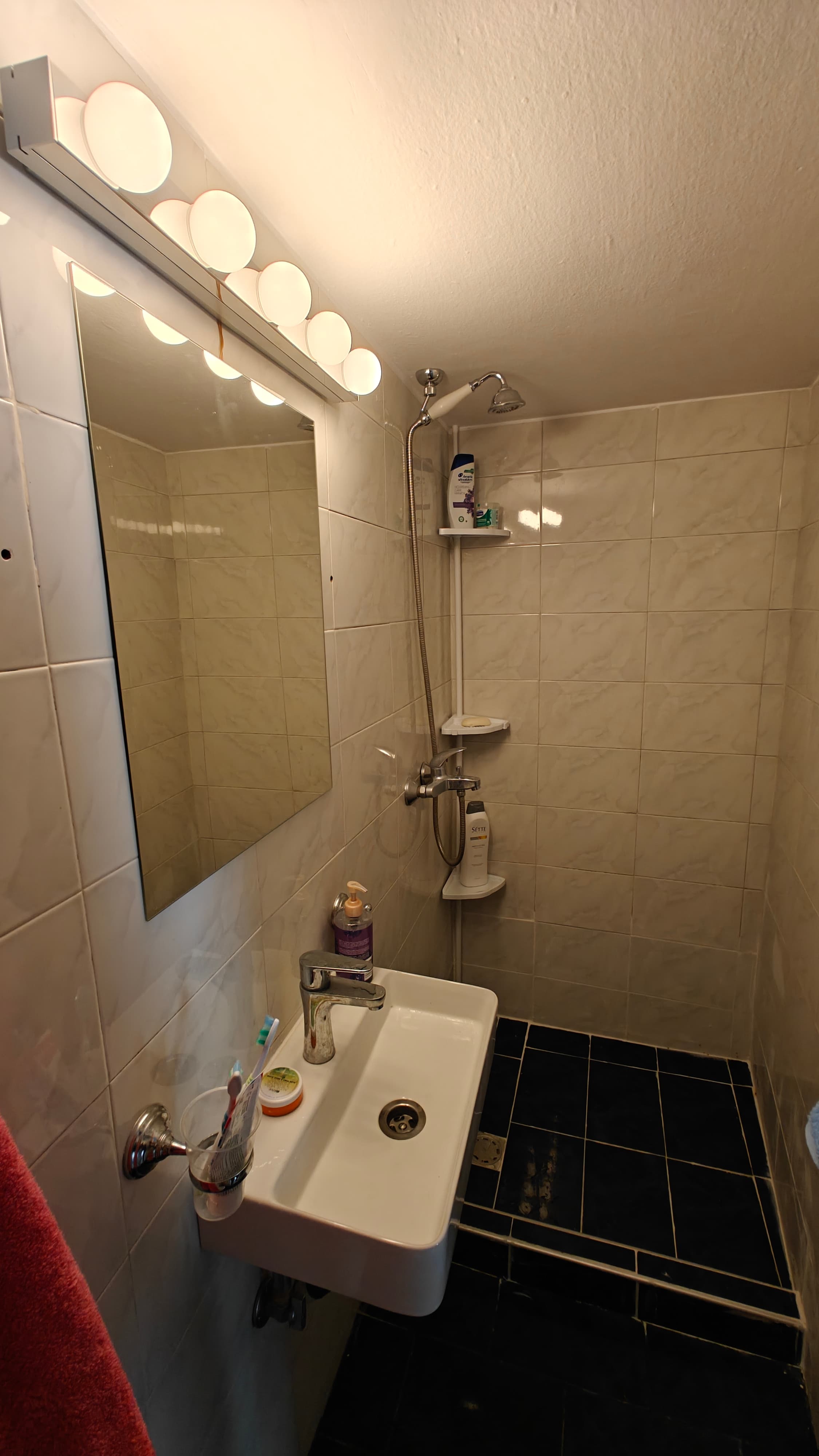 Small bathroom with a white sink, vanity mirror, and a shower area with beige tiles.